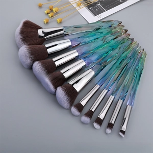 Detail of 10-piece crystal handle makeup brushes with iridescent gradient diamond grips