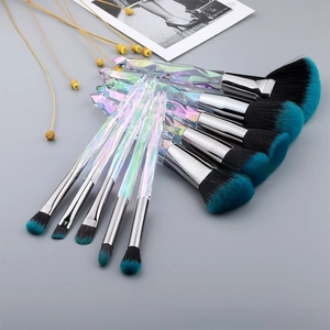 Macro shot of 10-piece makeup brush set with crystal diamond handles and fiber bristles