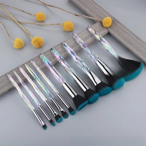 Detail of 10pcs makeup brushes with iridescent diamond handles and gradient blue bristles