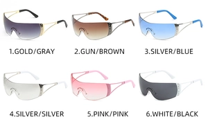 Close-up of Y2K rimless sunglasses in six colors with diamond accents and wrap lenses