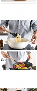 Detail of wooden handle silicone kitchen utensils showing a pasta fork in use