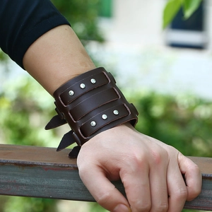 Men's punk brown wide leather wristband with metal studs and layered belt design