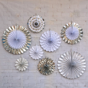 Set of 8 silver and white foil paper fans for party wall decoration and festive events