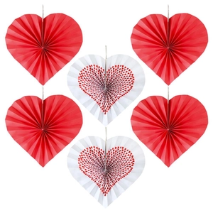 Set of 6 heart-shaped paper fans in red and white for wedding and party decorations