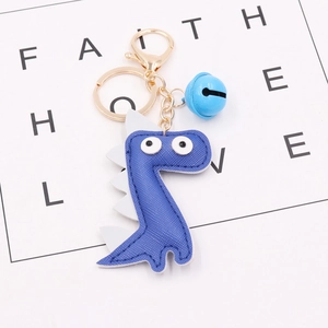 Creative blue PU leather dinosaur keychain with golden metal ring and matching bell