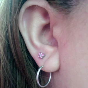 Pink crystal butterfly stud earrings and silver hoop in 316L stainless steel for women