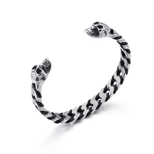 Punk style men's silver and black stainless steel skull cuff bracelet with chain texture
