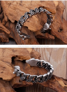Close-up of Viking wolf head bangle with intricate Celtic knot patterns in silver