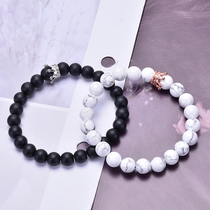 Couples crown distance bracelets with matte black beads and white turquoise natural stones