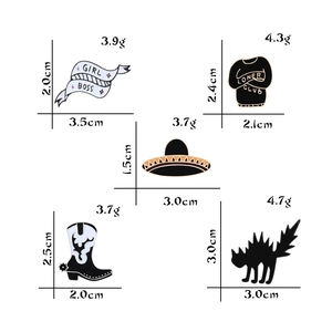 Set of five punk enamel pins featuring a girl boss banner, cat, and witch boots designs