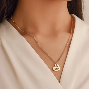 Three-piece family heart pendant necklace set with Little SIS engraving in gold finish