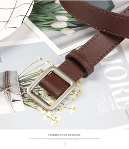 Detail of dark brown leather belt with matte silver square buckle on vintage background