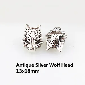 Detailed macro view of antique silver wolf head charms measuring 13x18mm for DIY jewelry