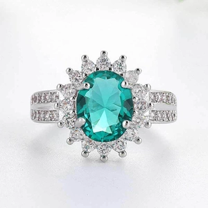 Women Engagement Ring Copper Green Oval Zircon Flower Halo Anniversary Gift Fashion Jewelry