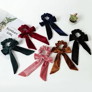 Velvet Bow Hair Tie Scrunchie With Long Ribbon Streamers Elegant Vintage Elastic Ponytail Holder Hair Accessories Women