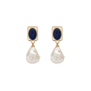 Orecchini d'oro vintage con gemme blu e perle a goccia in raffinato stile regale francese