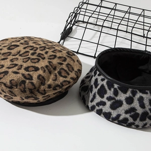 Classic leopard print beret hats in brown and grey wool-like fabric for women