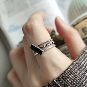 Retro 925 sterling silver multi-layer stackable ring with black rectangle enamel inlay