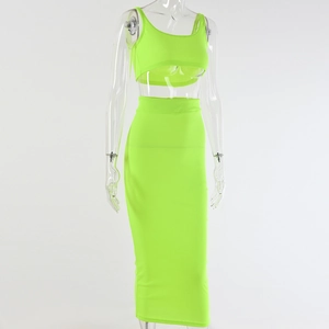 Detailed macro view of the lime green ribbed knit texture on the two-piece skirt set