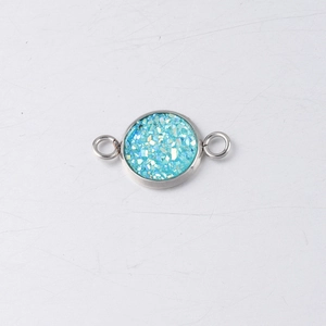Detail of 10mm silver stainless steel connector with sparkling blue drusy stone inlay