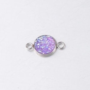Macro view of 10mm purple drusy connector in stainless steel frame for DIY jewelry