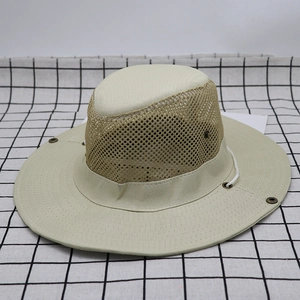 Outdoor sun hat with breathable mesh and chin strap in khaki color for fishing