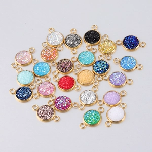 Group of 10mm gold stainless steel glitter resin pendants with double loops for DIY jewelry