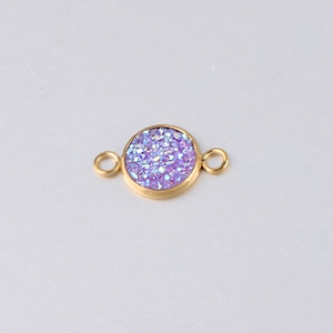 Detail of 10mm vacuum gold-plated stainless steel pendant with purple sparkling resin stones