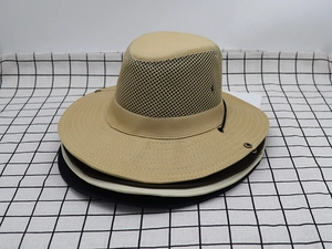 Detail view of multi-color outdoor sun hats with breathable mesh and chin straps