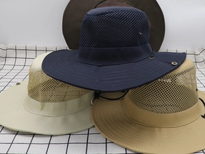 Stack of multi-color outdoor sun hats showing breathable mesh fabric and wide brims