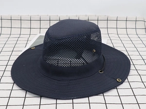 Detail of dark blue sun hat featuring breathable mesh top and adjustable chin strap