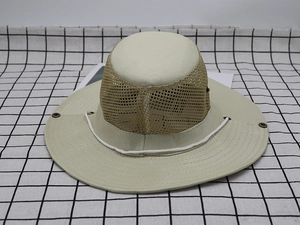 Detail of outdoor sun hat featuring breathable mesh panels and adjustable wind cord