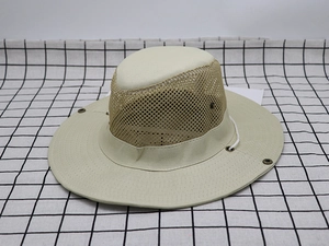 Detail of khaki outdoor sun hat featuring breathable mesh panels and adjustable wind cord