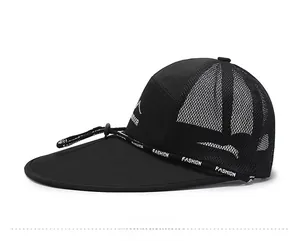 Detailed side view of black outdoor sun hat featuring breathable mesh and long brim