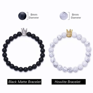 8mm white howlite and black matte stone beaded bracelets with zircon crown charm for couples