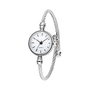 Minimalist silver bangle watch for women with round dial and woven steel cable band