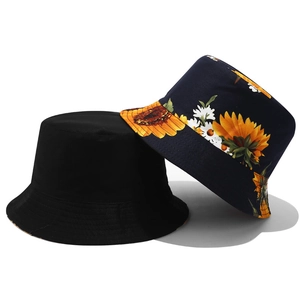 3D sunflower print and black double-sided bucket hats for women outdoor sun protection