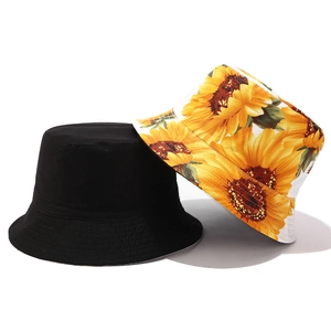 3D sunflower reversible bucket hat set in plain black and floral cotton fabric