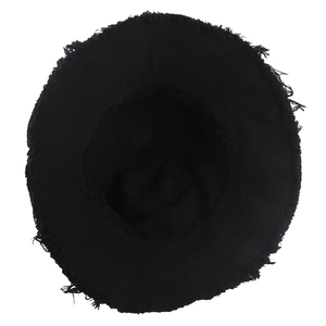 Modern black cotton bucket hat with frayed edges and washed denim finish for women