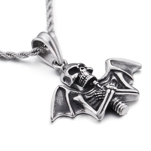 Gothic silver stainless steel skull pendant with bat wings on a twisted chain