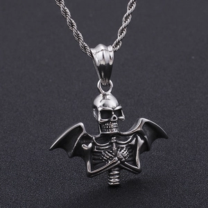 Gothic punk bat skeleton pendant necklace in silver stainless steel for men