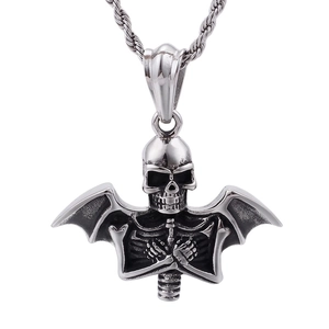 Gothic Skull Bat Wing Pendant 316L Stainless Steel Retro Punk Skeleton Jewelry Silver Tone For Men