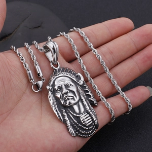Ethnic retro silver Indian chief head pendant necklace with twisted rope chain