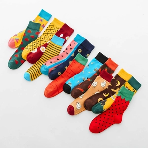 Detailed collection of mid-calf cotton socks with colorful fruit and animal patterns