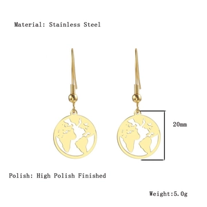 Detailed macro view of gold-plated stainless steel world map earrings with dimensions