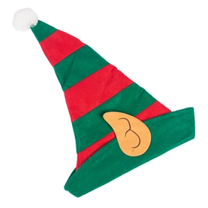 Christmas elf hat with red and green stripes featuring soft ears and a white pompom
