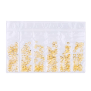 6-grid pack of assorted gold hollow metal studs for nail art and jewelry DIY