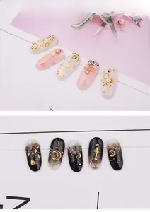 Detail of pink marble and celestial star moon nail art studs with pearls
