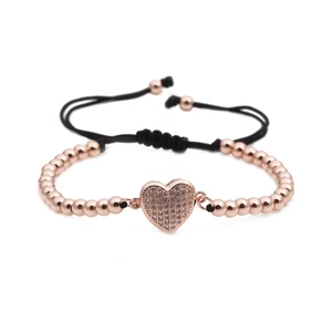Bracelet cœur en or rose serti de zircons et cordon noir réglable pour femmes