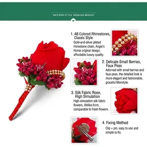 Red silk rose wedding boutonniere with AB crystal chain and decorative berries